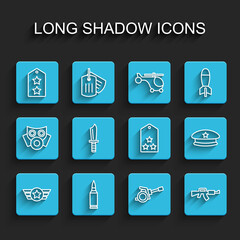 Set line Star American military, Bullet, Military rank, Howitzer, M16A1 rifle, knife, beret and icon. Vector