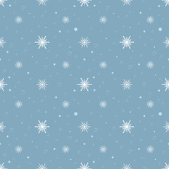 Seamless pattern with white snowflakes on blue background. Festive winter traditional decoration for New Year, Christmas, holidays and design. Ornament of simple line repeat snow flake