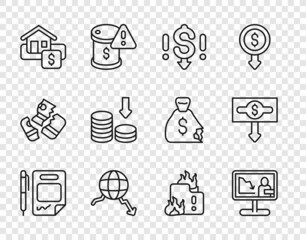 Fototapeta premium Set line Contract money and pen, Global economic crisis news, Dollar rate decrease, Hanging sign with Sale, Fire burning house and icon. Vector