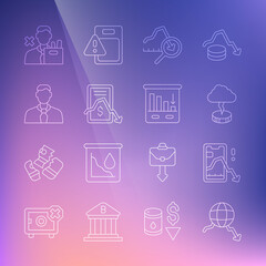 Set line Global economic crisis, Mobile stock trading, Storm, Worker, Employee dismissal and Pie chart infographic icon. Vector