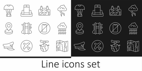 Set line World travel map, Cloud with rain, Aircraft steering helm, Parachute, Location, No cell phone and Metal detector airport icon. Vector