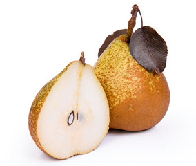 Pear on a white background. Pear isolate. Pear side view with leaf