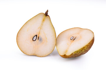 Pear on a white background. Pear isolate. Side view. Pear cut