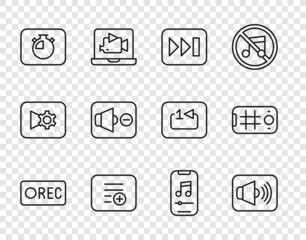 Set line Record button, Speaker volume, Fast forward, Add playlist, Stopwatch, mute, Music player and Selfie mobile icon. Vector