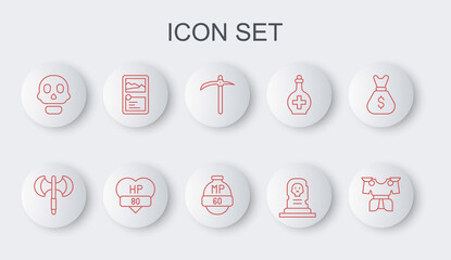 Set line Body armor, Medieval poleaxe, Pickaxe, Grave with tombstone, Skull, Card game collection, Video bar and icon. Vector