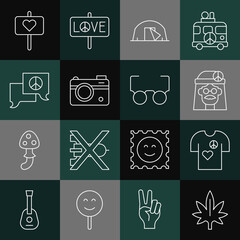 Set line Marijuana, Peace t-shirt print stamp, Hippie girl, Tourist tent, Photo camera, Speech bubble chat, and Glasses icon. Vector