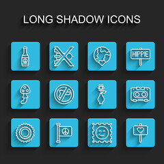 Set line Sun, Flag peace, Beer bottle, LSD acid mark, Peace, No war, Retro audio cassette tape and Flower in vase icon. Vector