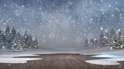 Calm winter landscape with snowfall on wooden deck and snow covered trees on background.