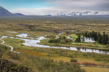 Fototapeta na wymiar Distant view of Thingvellir (Þingvellir) in the Rift Valley of Iceland