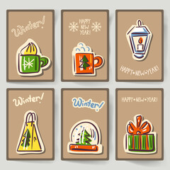 Set of greeting cards for winter holidays in a retro style.