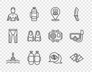 Set line Floating buoy, Flippers for swimming, Scallop sea shell, Aqualung, Wetsuit scuba diving, and Diving mask with snorkel icon. Vector