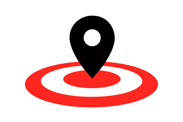 Pointer and location pin is pointing to the center of target - location and final destination, aim, goal and objective. Metaphor of successful achievement and reach of goal. Vector illustration.