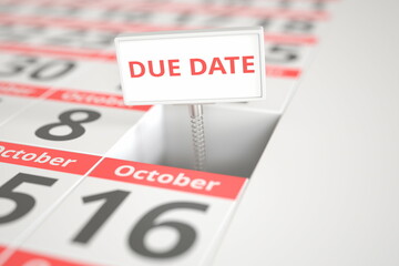 DUE DATE sign on October 9 in a calendar, 3d rendering
