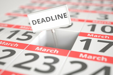 DEADLINE plate on March 16 in a calendar, 3d rendering