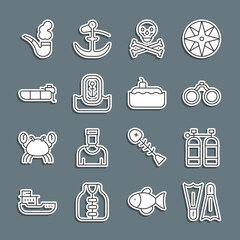 Set line Flippers for swimming, Aqualung, Binoculars, Skull on crossbones, Location with anchor, Inflatable boat motor, Smoking pipe and Submarine icon. Vector