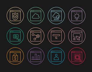 Set line Search engine, UI or UX design, Cloud technology data transfer, Browser window, New chat messages notification, with shield, and icon. Vector