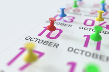 October 10 date and push pin on a calendar, 3D rendering