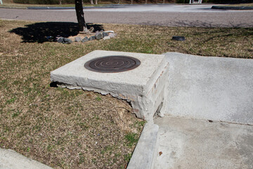 Obraz premium A manhole with cover on a square concrete slab