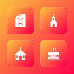 Set Canister for gasoline, Church building, and Cake with burning candles icon. Vector