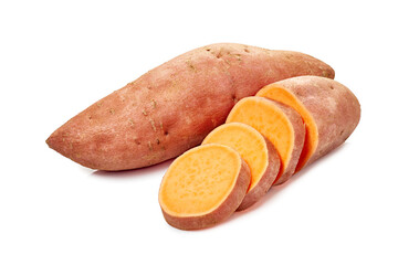 Whole and sliced sweet potatoes on white background