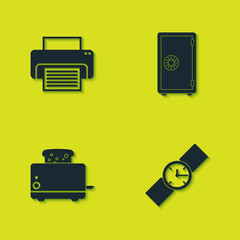 Set Printer, Wrist watch, Toaster with toasts and Safe icon. Vector