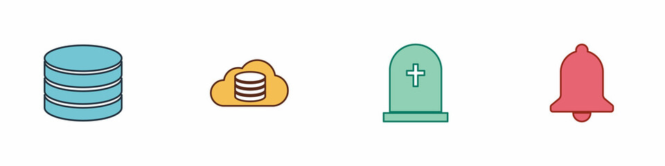 Set Database, Cloud database, Tombstone with cross and Ringing bell icon. Vector