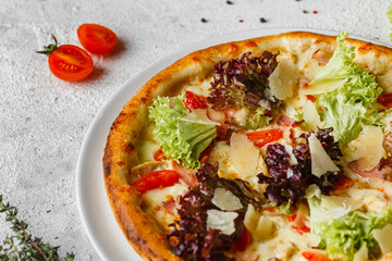 fast food, appetizing tasty pizza with ingredients on light background
