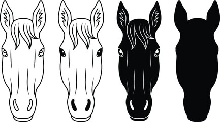 Horse Face / Head Front Clipart Set - Outline and Silhouette