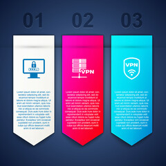 Set Monitor with password, Server VPN and Shield wireless. Business infographic template. Vector