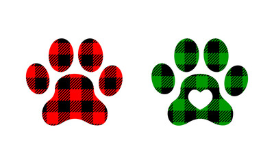 Dog paw silhouettes with Christmas buffalo patterns. Canine footprints with gingham checkered print. Vector flat illustration. - obrazy, fototapety, plakaty
