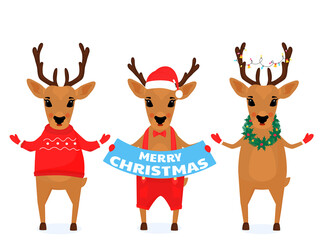 Funny Christmas reindeer in a Santa Claus hat, with a garland, in shorts on suspenders, in a sweater