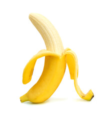 Peeled banana on white background