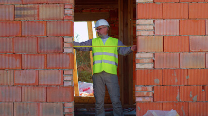Confident Caucasian engineer architect wearing safety hardhat and vest conducting measurements with...