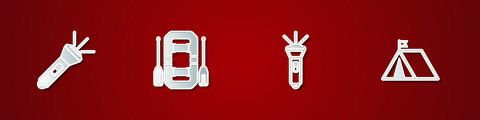 Set Flashlight, Rafting boat, and Tourist tent with flag icon. Vector