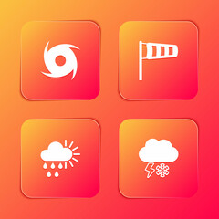 Set Tornado, Cone meteorology windsock wind vane, Cloudy with rain and sun and snow lightning icon. Vector