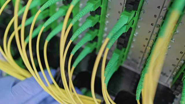 Install fiber patch cord cables on distribution panel at gigabit passive optical networks