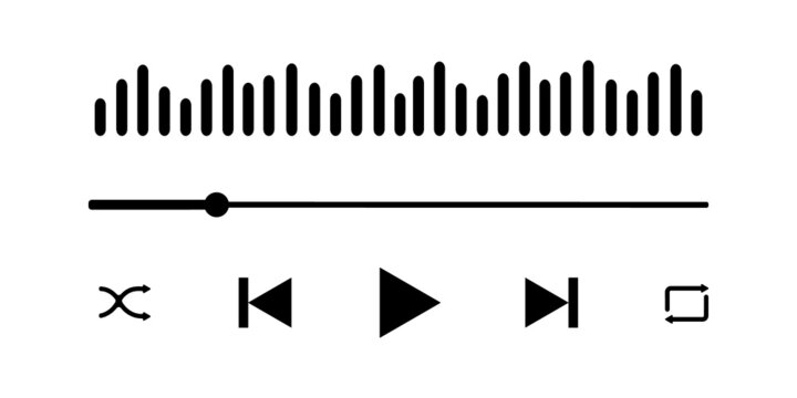 Audio player interface with sound wave, loading progress bar and buttons. Simple mediaplayer panel template for mobile app. Vector graphic illustration.