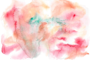 Delicate background in peach and pink colors with emerald splashes. Abstract aerial floral pattern with lush foliage. Fluffy futuristic clouds in fantastic sky. Mystic landscape for exotic wallpaper.