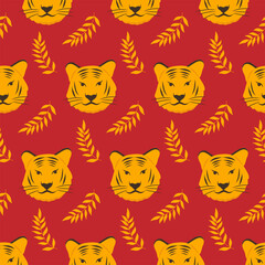 Seamless new year chinese tiger pattern with branch on red background for printing, fabric, textile