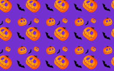 Seamless halloween pattern with pumpkins and bats on a purple background