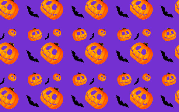 Seamless halloween pattern with pumpkins and bats on a purple background