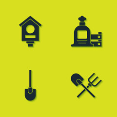 Set Bird house, Shovel and rake, and Full sack wooden box icon. Vector