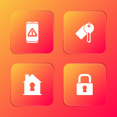 Set Mobile with exclamation mark, Marked key, House under protection and Lock icon. Vector