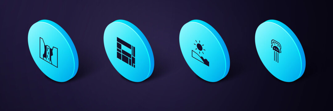 Set Isometric Peineta, Beach, House Edificio Mirador and Algar waterfall icon. Vector