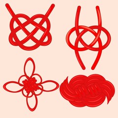 A set of red rope knots of various shapes