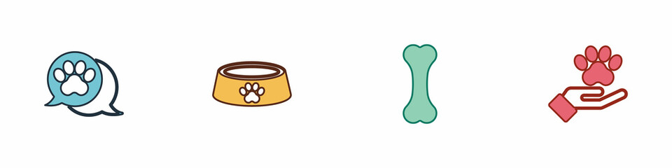 Set Paw print, Pet food bowl, Dog bone and Hands with animals footprint icon. Vector