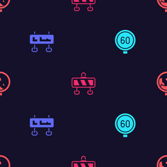 Set Speed limit traffic, Road sign, barrier and warning rockfall on seamless pattern. Vector