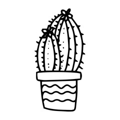 Hand drawn doodle cacti in pot. Vector decorative indoor and office cacti. doodle plants illustration isolated on a white background. logo cactus