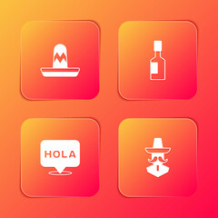 Set Mexican sombrero, Tabasco sauce, Hola and man icon. Vector