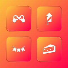 Set Gamepad, Firework rocket, Carnival garland with flags and Piece of cake icon. Vector